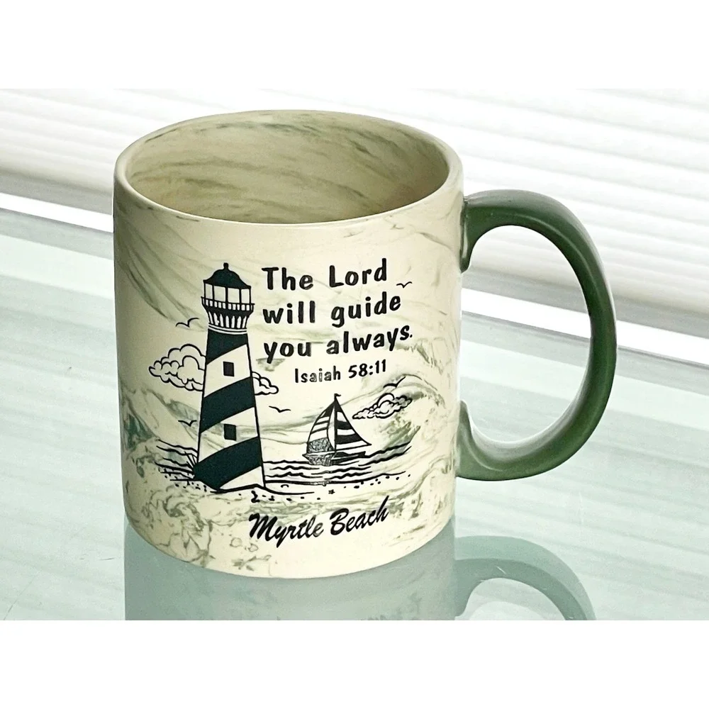 Myrtle Beach Lighthouse Mug Isiah 58:11 Tan Green Marble Vacation Tropical